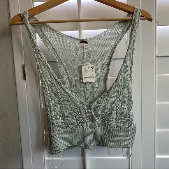 Free People Women's Light Green Knit Button-Down Tank Crop Top Size M $78 MSRP - Picture 3 of 9